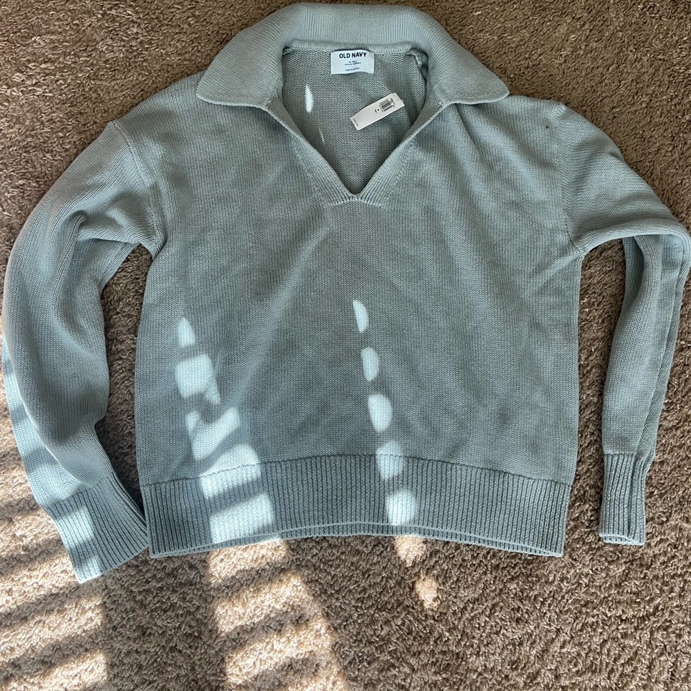 Old Navy Women's Sage Green V-Neck Collared Knit Sweater